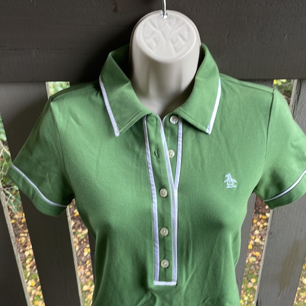 Original Penguin Green Petite Polo Shirt White Satin piping Vera Bradley Green